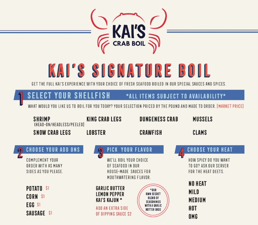 kais crab boil menu