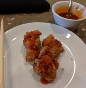 karaage with spicy sauce at meshikou by fartley farms